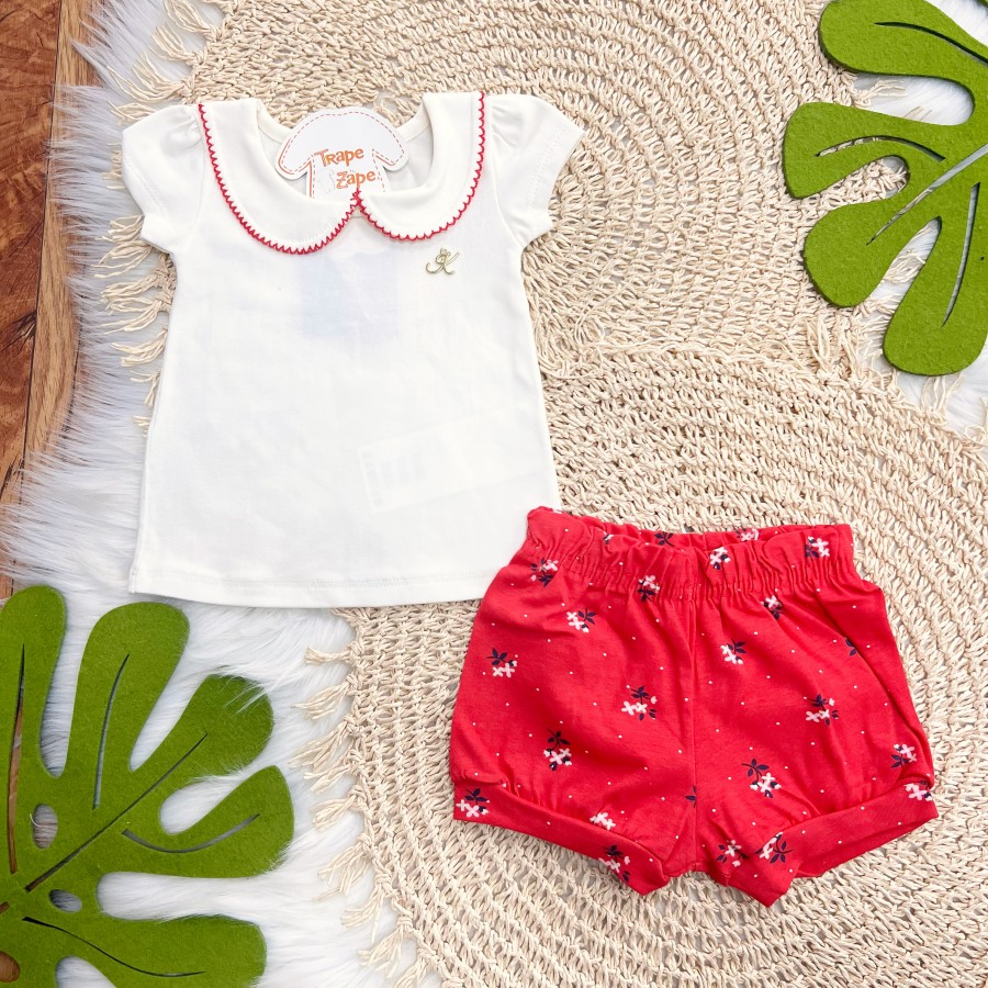Conj. Blusa Gola Bordada e Short Florzinhas - Off White e Vermelho